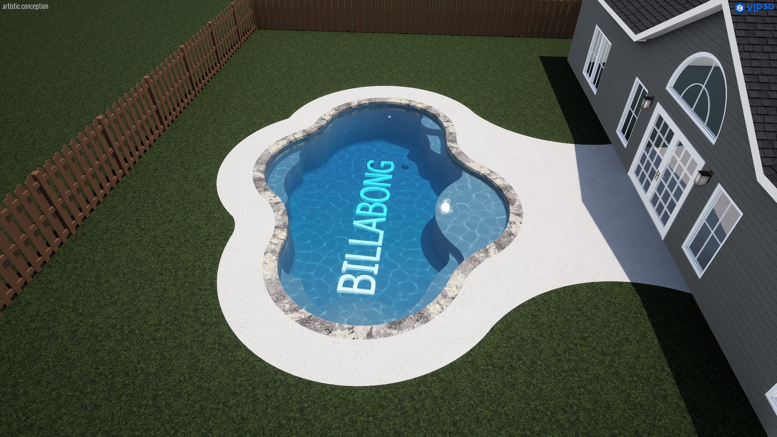 Design rendering of the Billabong freeform pool in a fenced suburban backyard, its lobed outline edged in natural stone coping and surrounded by a light concrete deck that runs back to the rear doors of the house.