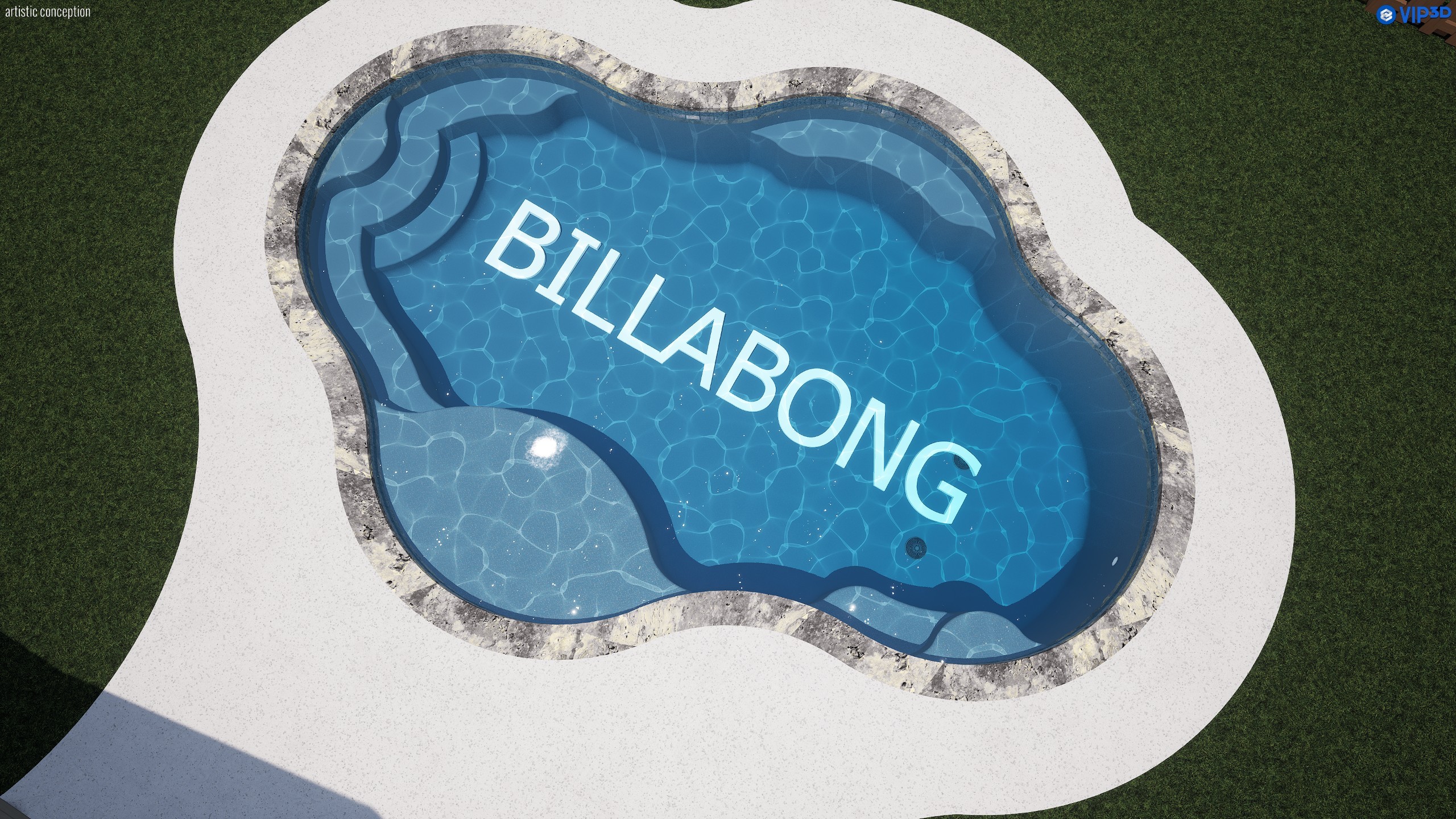 Close design rendering of the Billabong pool showing the stepped entry, the interior bench, the shallow shelf and the mottled natural stone coping that separates the water from the concrete deck.