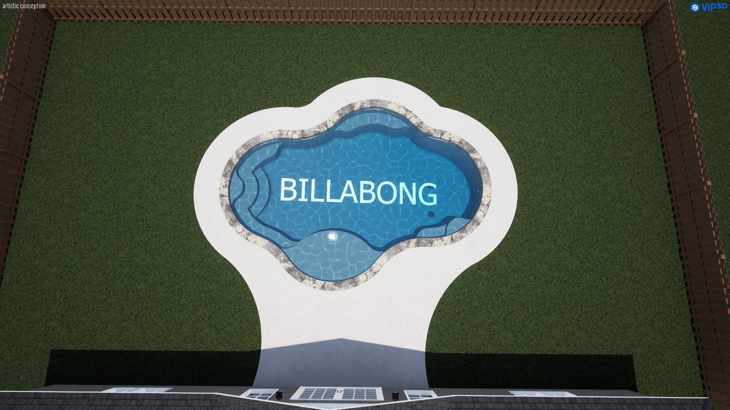 Overhead design rendering of the Billabong pool showing the full freeform outline, the curved entry steps at the left end, the bench along the near wall and the shallow shelf opposite, with the deck shaped to follow the pool.