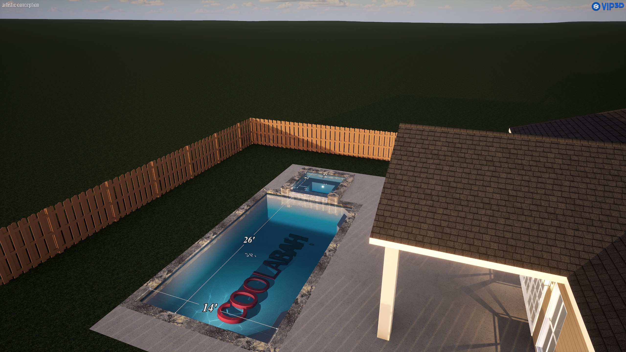 Evening design rendering of the Coolabah pool and spa with the lighting on, the raised square spa spilling into the lit rectangular pool, a covered patio to the right and a wooden fence beyond.
