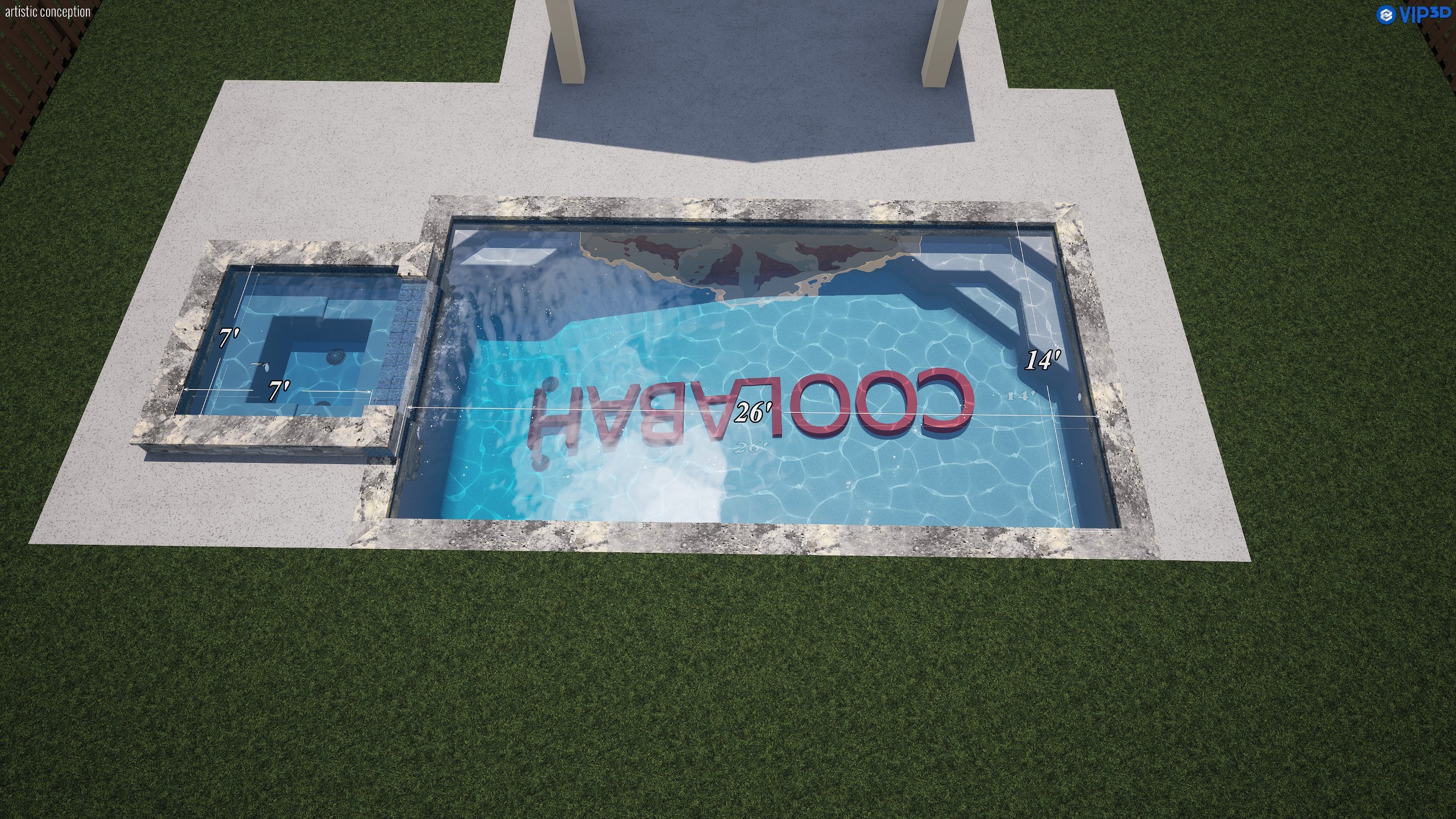 Overhead design rendering of the Coolabah pool and spa showing the 26 by 14 foot rectangular pool with a 7 by 7 foot square spa raised against its left end, both edged in stone coping, with dimension lines marked on the drawing.
