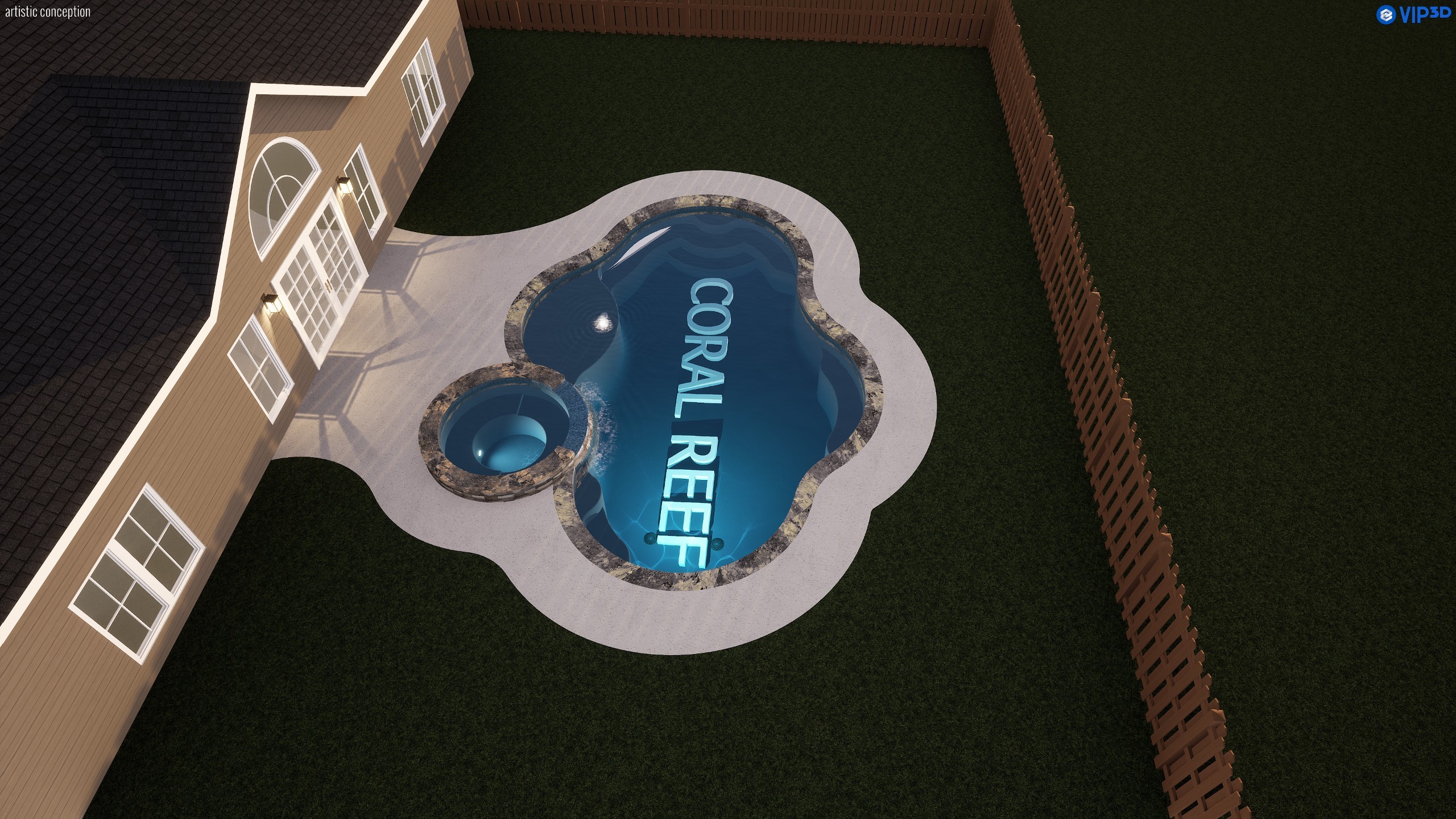 Evening design rendering of the Coral Reef pool and spa with the underwater lighting on, the lit water of the pool and the raised round spa reading against the dark deck and lawn, with the house at the left.