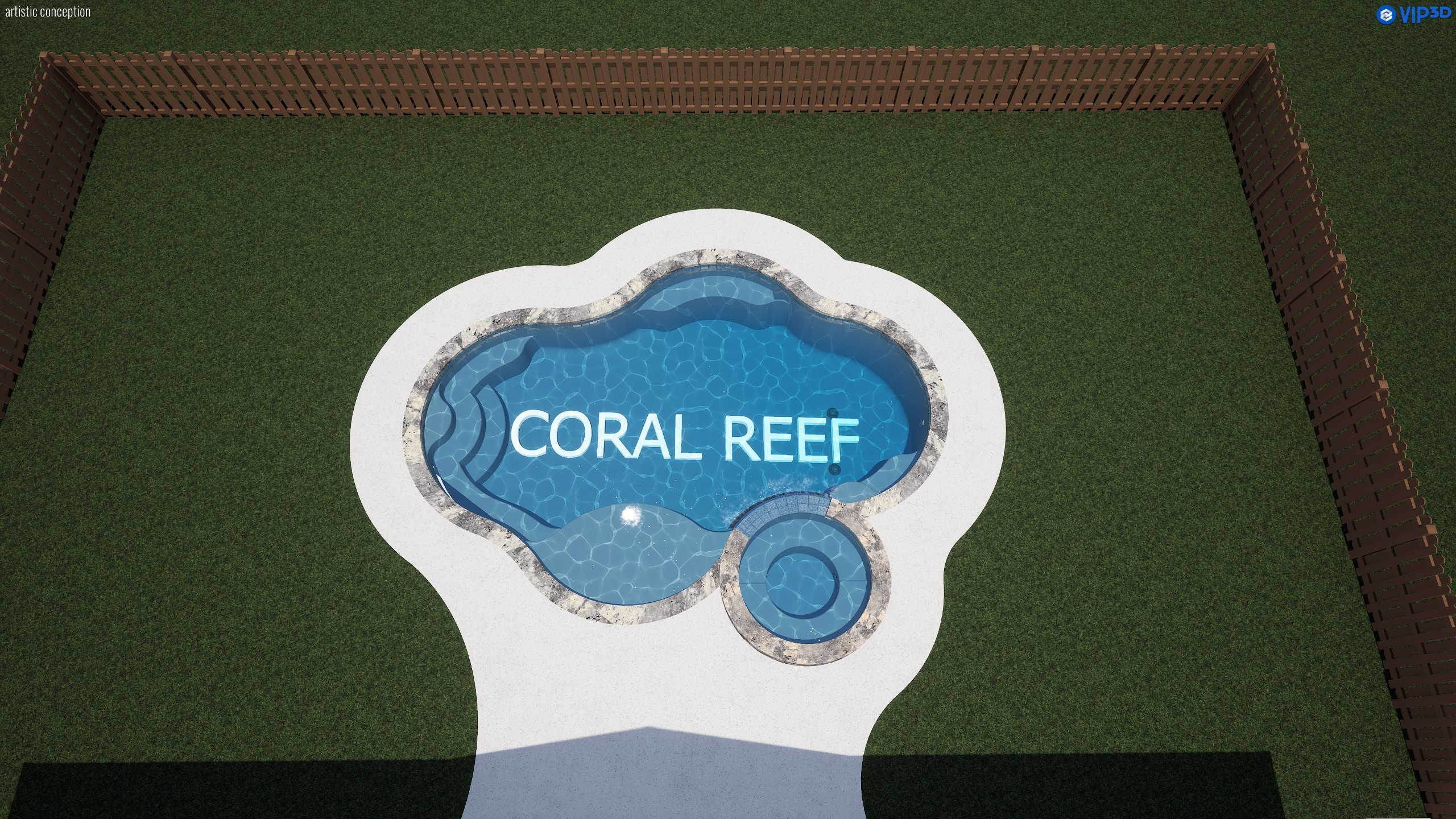 Overhead design rendering of the Coral Reef pool and spa: the Billabong's lobed freeform outline with a round spa set into the deck at the lower edge, both edged in the same natural stone coping and surrounded by a pale concrete deck.