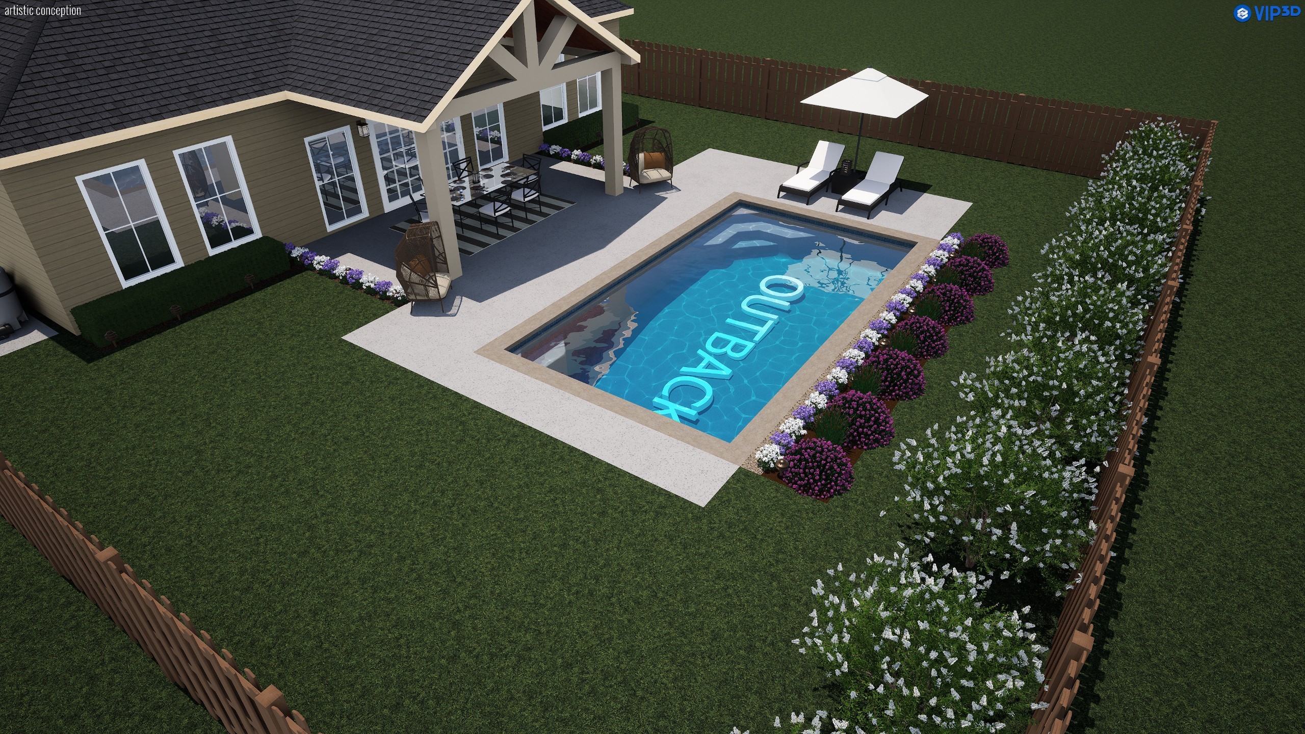 Design rendering of the Outback rectangular pool alongside a covered patio, its squared corners edged in stone coping, with a shelf across the far end and a planting bed running the length of the far side.