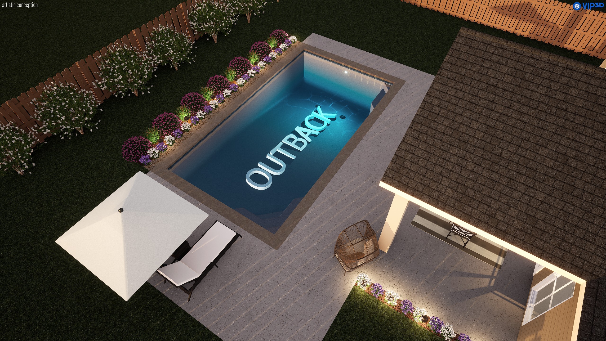 Evening design rendering of the Outback pool with the underwater lighting on, the lit water reading against the dark deck, the covered patio, and the planting bed along the far side.