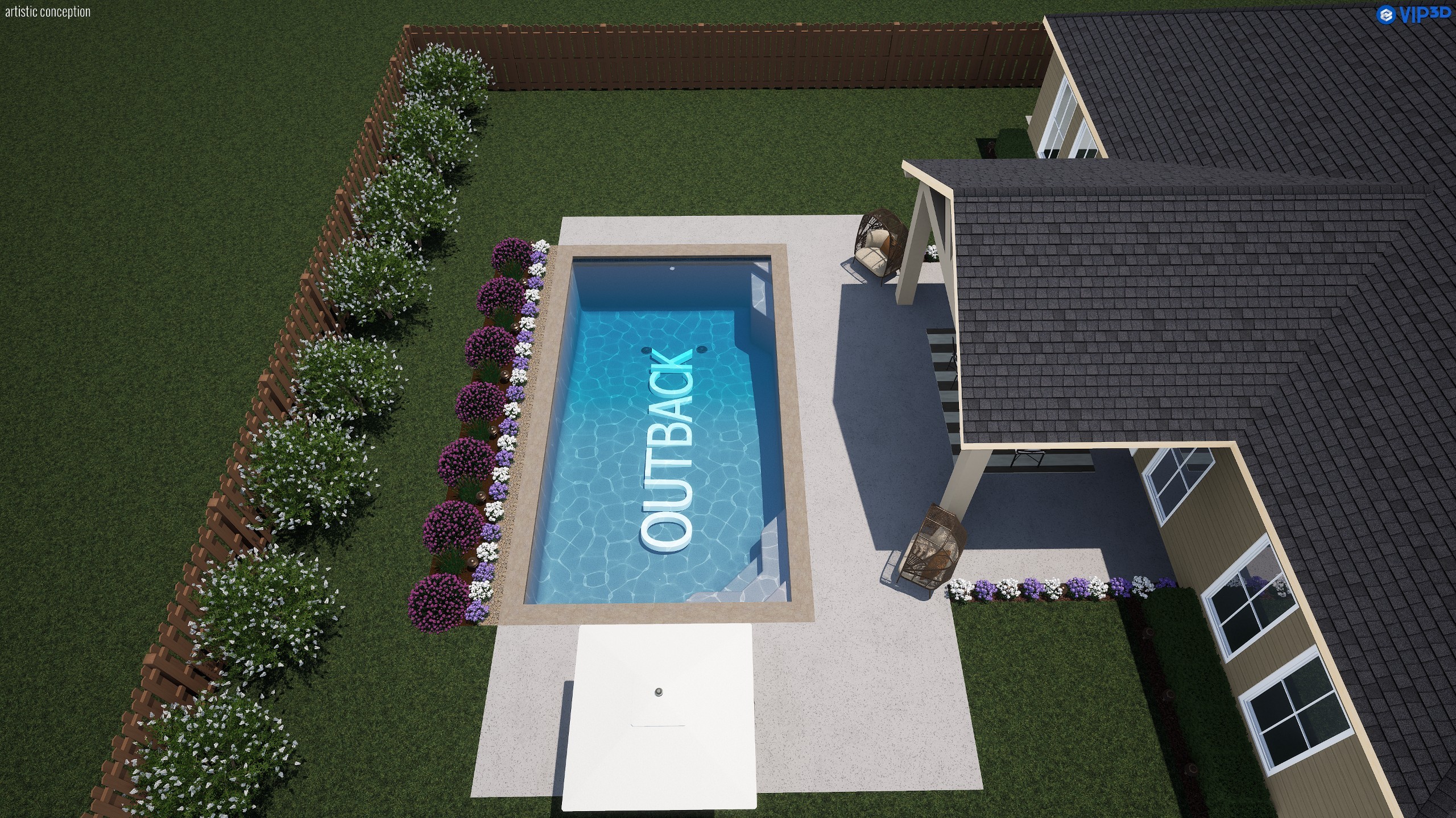 Overhead design rendering of the Outback pool showing the rectangular outline, the full-width shelf and steps across the top end, the bench along the right wall, and deck running down two sides to the house.